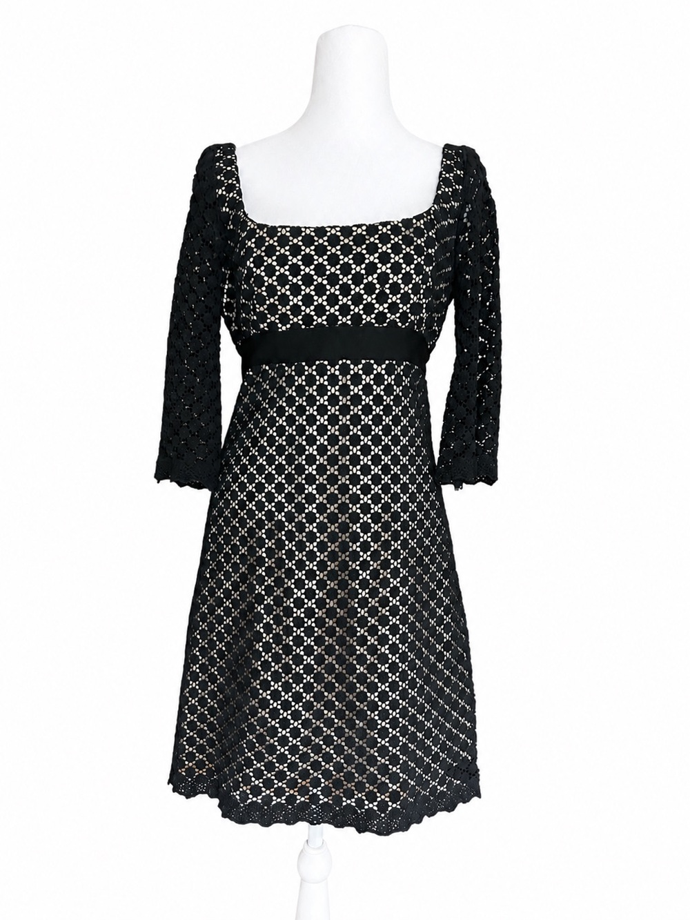 Milly of New York Black Crochet Lace Dress Size 4 Gold Satin Lined Square Neck